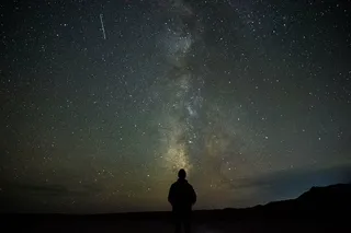 人，顶，山，人，站着，看，星星，银河