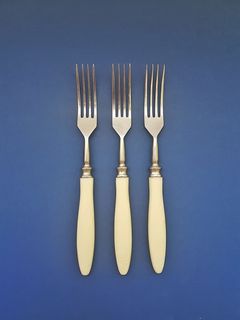 三，银色叉子，蓝色，表面，背景，木板，棕色，特写