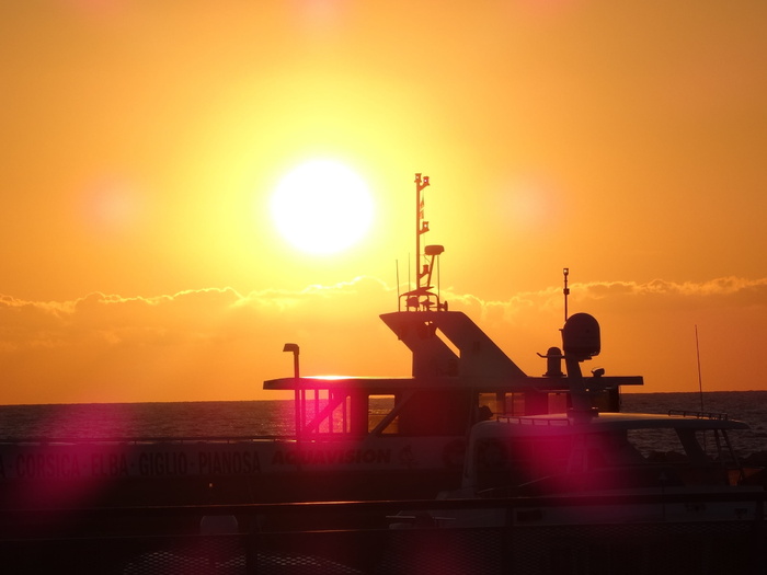 日落，游艇，夜晚，港口，印象，天空，剪影，橙色