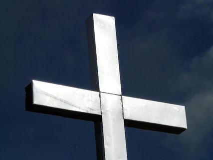 顶峰十字架，金属，光泽，十字架，阳光，反射，光，蓝色