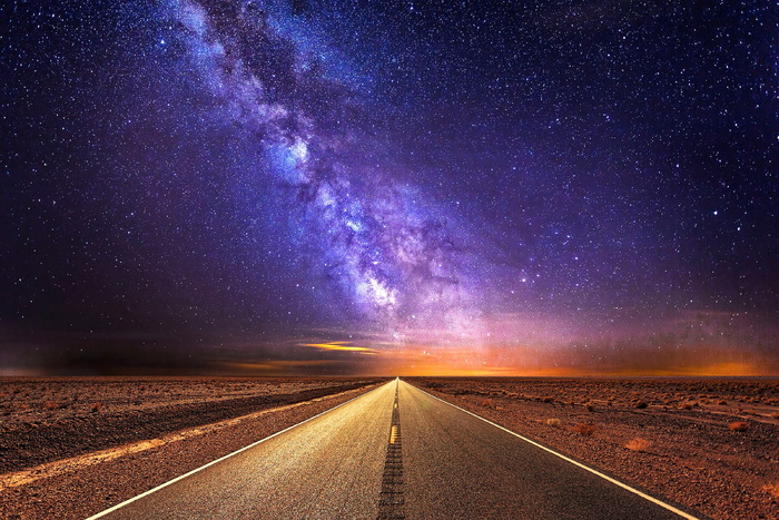 道路、高速公路、银河、天空、星星、旅行、度假、远行