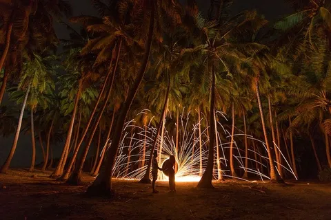 夜间棕榈树下的光照延时照片 夜间棕榈树下的光照延时照片