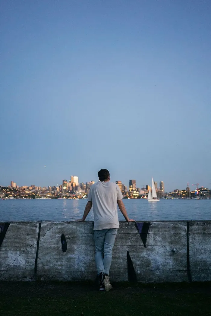 成人，后视图，船，城市，城市灯光，灯光，男人，模特