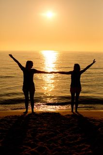 剪影，两个人，人，牵着，其他人的手，海滩，日落，天空