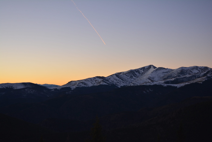 山，日落，剪影，飞机，天空，雪，流星，自然