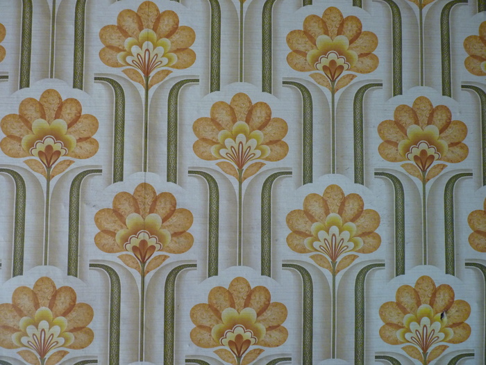 米色，绿色，橙色，花卉，表面，壁纸，旧，六十年代