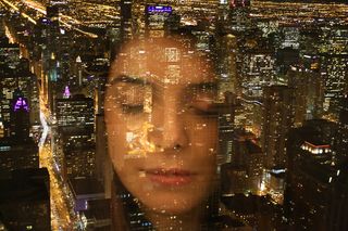 芝加哥, 美国, 脸, 女人, 和平, 闭上眼睛, 双重曝光, 灯