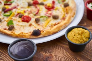 披萨，食物，肉，培根，食物照片，面团，番茄，宏