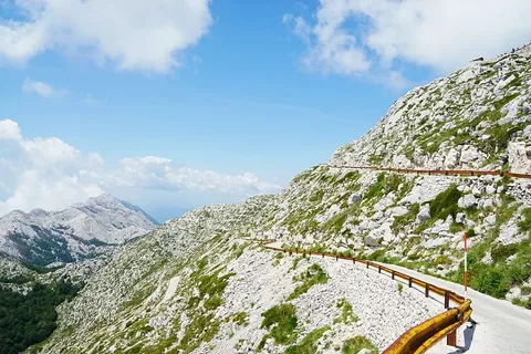 有障碍物的狭窄山路照片。