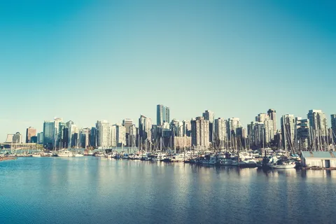加拿大、温哥华、城市景观、城市、不列颠哥伦比亚、摩天大楼、港口、建筑外观