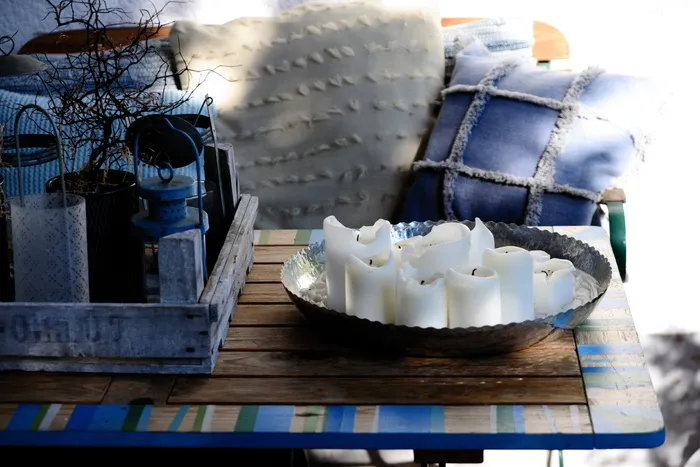 露台，露台，装饰，坐，蜡烛，枕头，花园，花园装饰