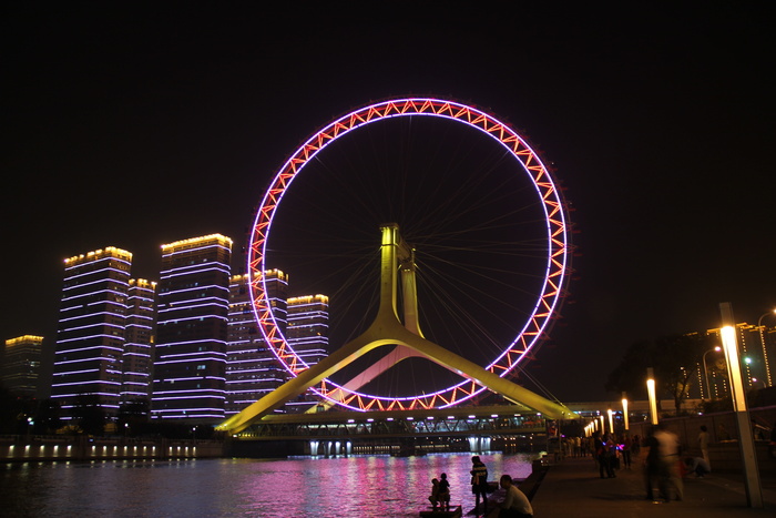 摩天轮，夜晚，摩天轮，天津，夜空，夜晚，灯火通明