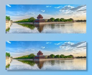 寺庙，水，倒影，蓝色，天空，云，阳光，亚洲