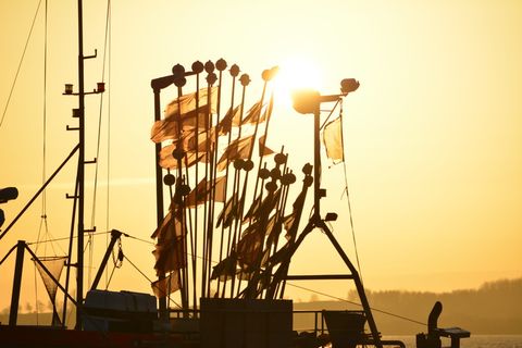 船，日落，旗帜，旗帜和三角旗，海，北海，天空，剪影