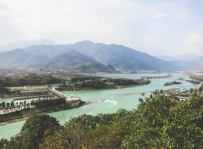大坝、都江堰、四川、中国、水、景观、山脉、丘陵