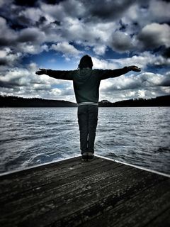 人，站立，身体，水，海，海洋，波浪，自然