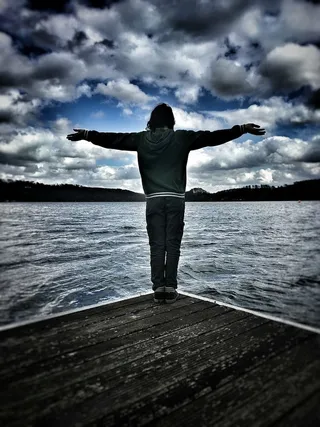 人，站立，身体，水，海，海洋，波浪，自然