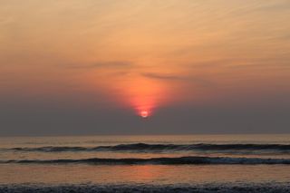 日出，海滩，哇，海洋，波浪，太阳，反射，日落