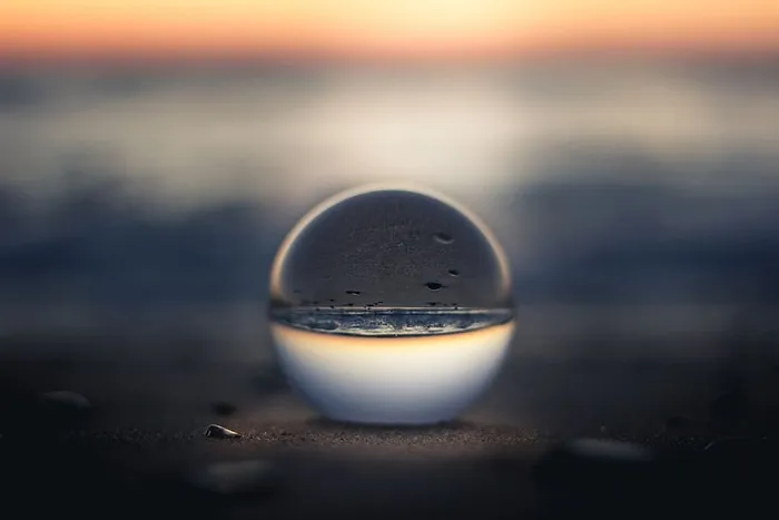 自然、水、玻璃、球体、日落、地平线、海滩、选择性聚焦
