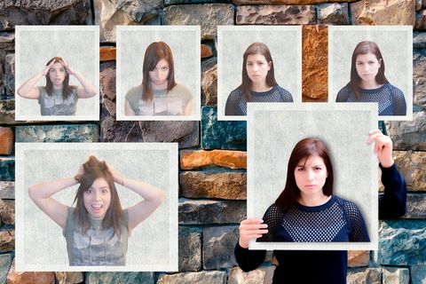 女性照片、棕色、墙壁、手势、拼贴、非语言语言、肢体语言、正面视图