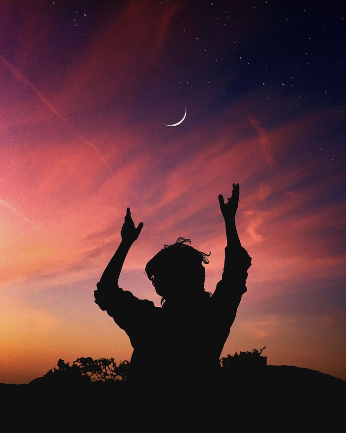 黎明，天空，人，人，余辉，背光，美丽，新月