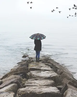 在水体附近持伞者的照片