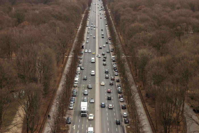 树间公路上汽车鸟瞰图