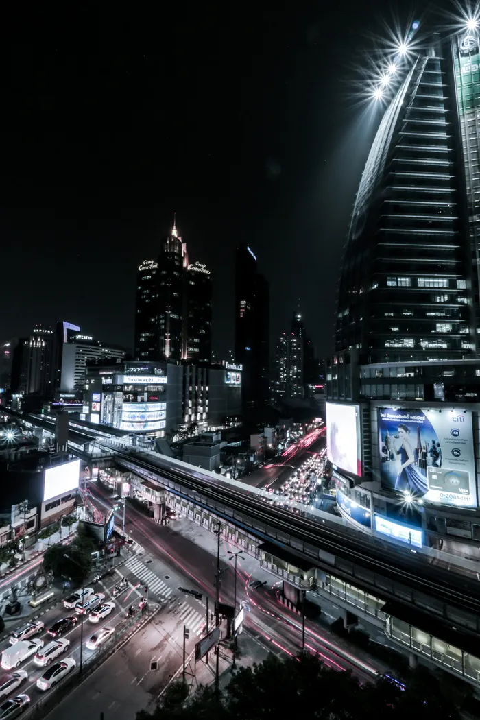 晚上, 灯, 日落, 曼谷, 泰国, 光迹, 城市, 建筑