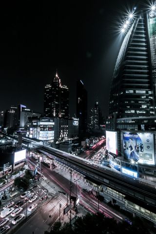 晚上, 灯, 日落, 曼谷, 泰国, 光迹, 城市, 建筑