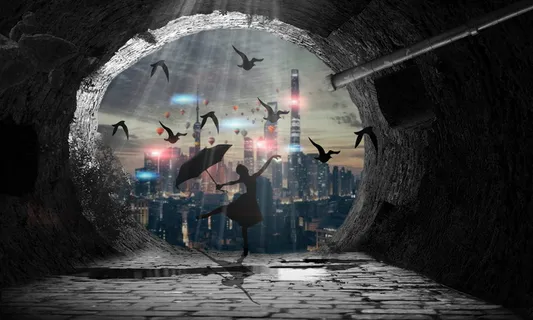 剪影女孩,手持,雨伞,大,洞,鸟类艺术,舞蹈,任何 剪影女孩,手持,雨伞,大,洞,鸟类艺术,舞蹈,任何