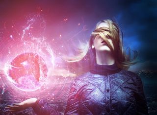 女人，蓝色，高领毛衣，上衣，壁纸，神谕女孩，照片蒙太奇，女巫