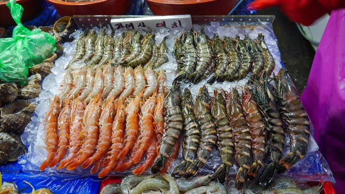 虾，虾，鱼市，市场，朝鲜，海鲜，食品
