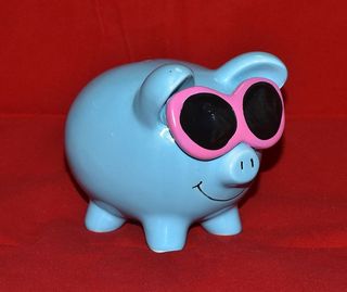 蓝色，猪，陶瓷，小雕像，存钱罐，眼镜，钱，储蓄