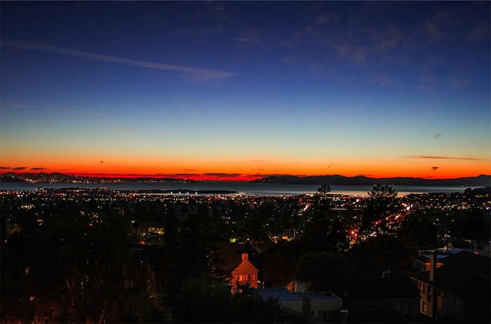 航空、摄影、城市、黄昏、区域、日落、天空、黑暗