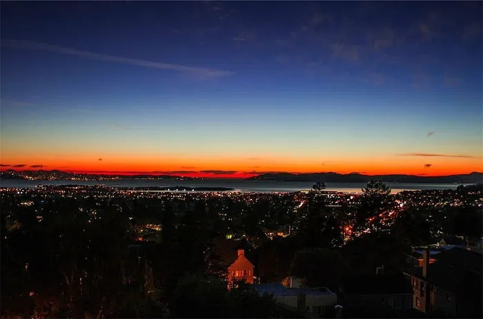 航空、摄影、城市、黄昏、区域、日落、天空、黑暗
