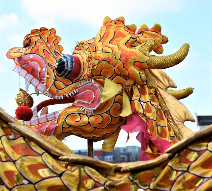中国新年，龙，狮子，诺丁汉，英国，彩色，彩色，蓝色