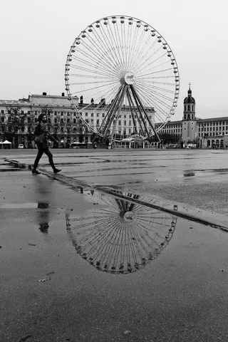 法国，里昂，大*，城市，倒影，黑白，街道，游乐园