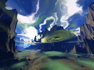 外星人，行星，山谷，旅行，全景，云景，云，雾