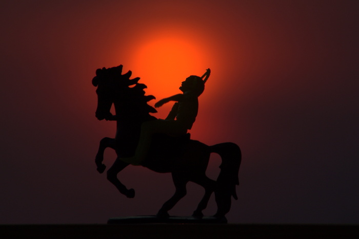 印第安人、土著、马、骑行、日落、剪影、太阳、天空