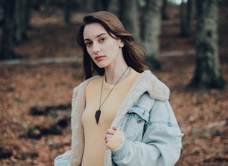 树, 女, 女人, 牛仔服, 肖像, 森林, 肖像, 牛仔布