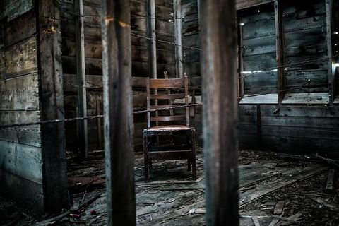 空的，木制的，椅子，里面的，废弃的，建筑房间，景观，树林