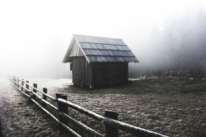 灰度摄影，小屋，栅栏，木头，户外，房子，小屋，黑白