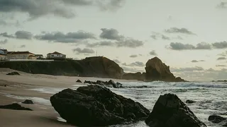 灰色，岩层，海岸线，村庄，附近，海滩，照片，大海