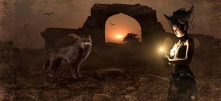 女巫，站立，狼海报，幻想，拱门，狼，法师，魔术师