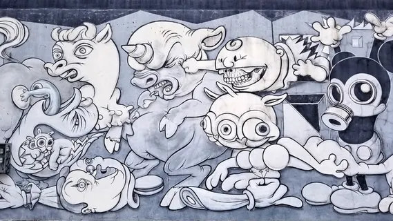 卡通人物墙艺术，艺术和工艺，创意，没有人，代表，天，建筑，户外