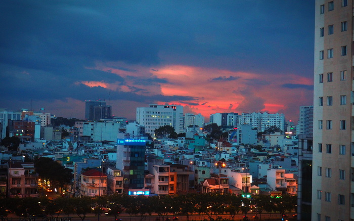 越南、胡志明市、粉红色、hcmc、日落、云、建筑、城市景观