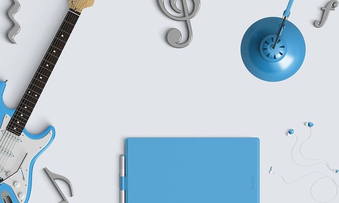 蓝色、白色、stratocaster、电动、吉他、音符墙饰、音乐、桌面