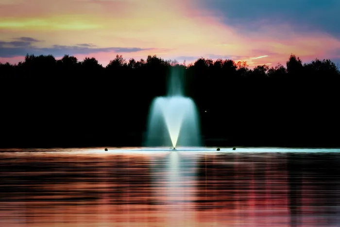 树木附近的喷泉，日落，黄昏，喷泉，水，湖，倒影，森林