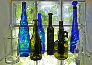 瓶子，玻璃，彩色玻璃，装饰，窗户，蓝色，绿色，透明