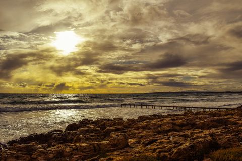 灰色, 码头, 岩石, 海滨, 金色, 小时, 日落, 天空